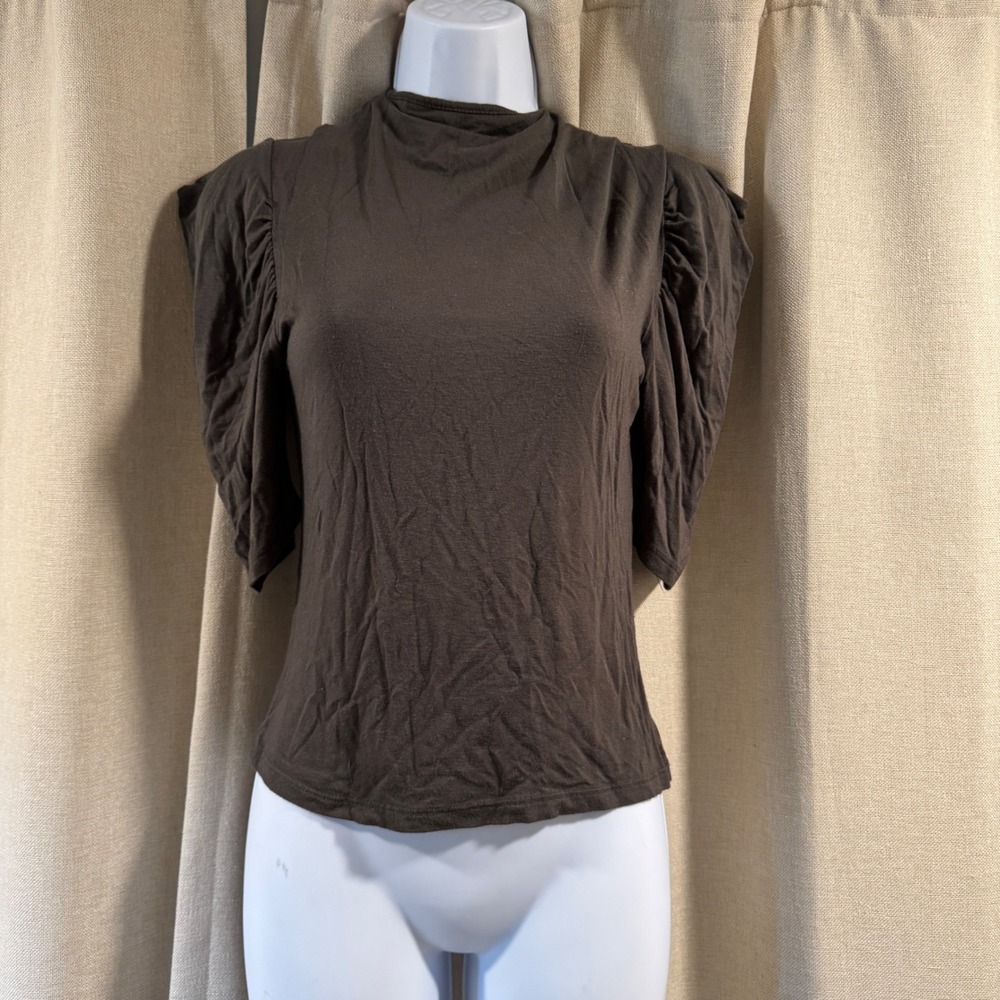 Joe & Elle Olive Brown Ruched Sleeve Top Mock Neck Made in USA